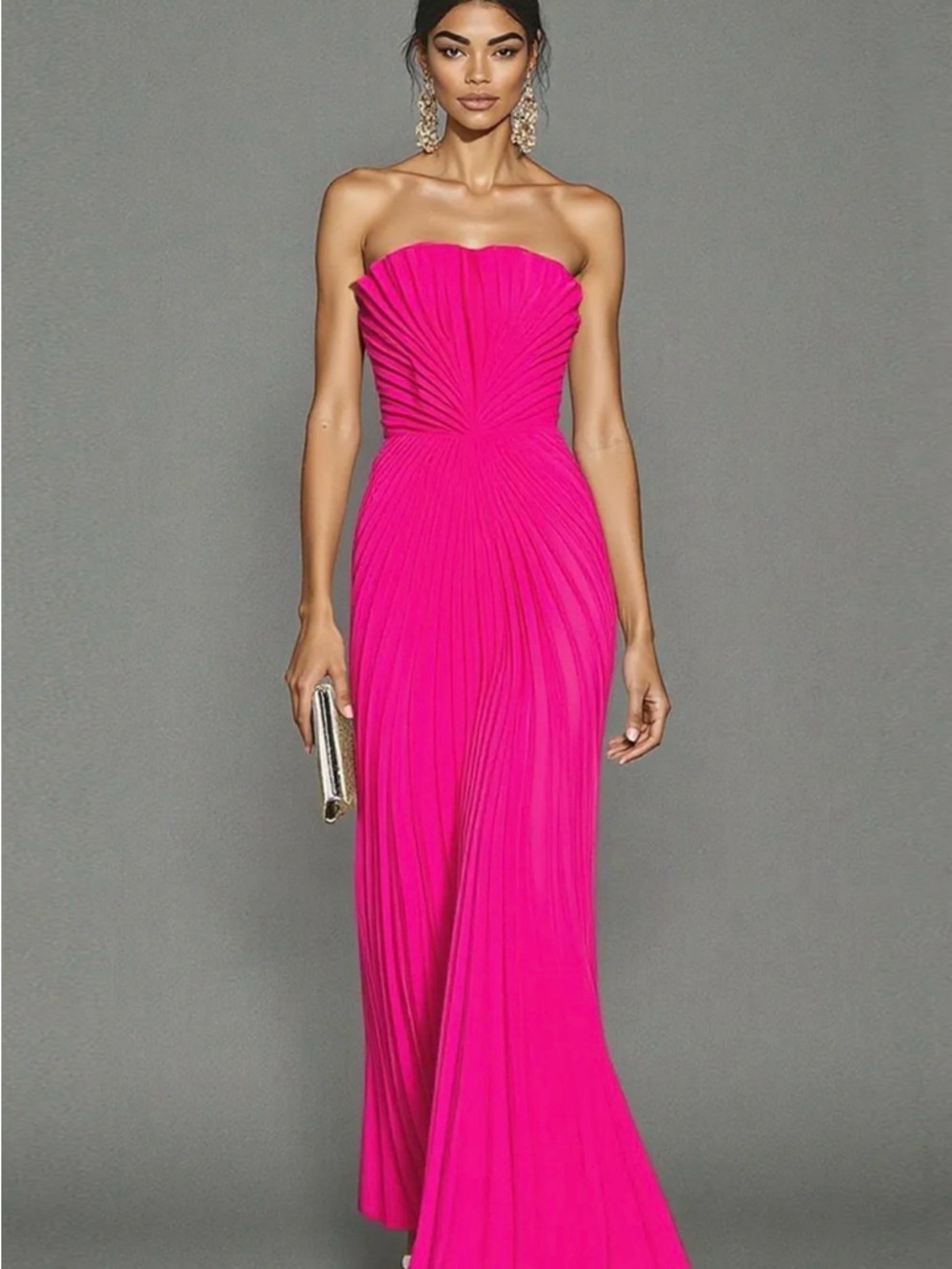 Strapless Fuchsia Pleated Evening Gown